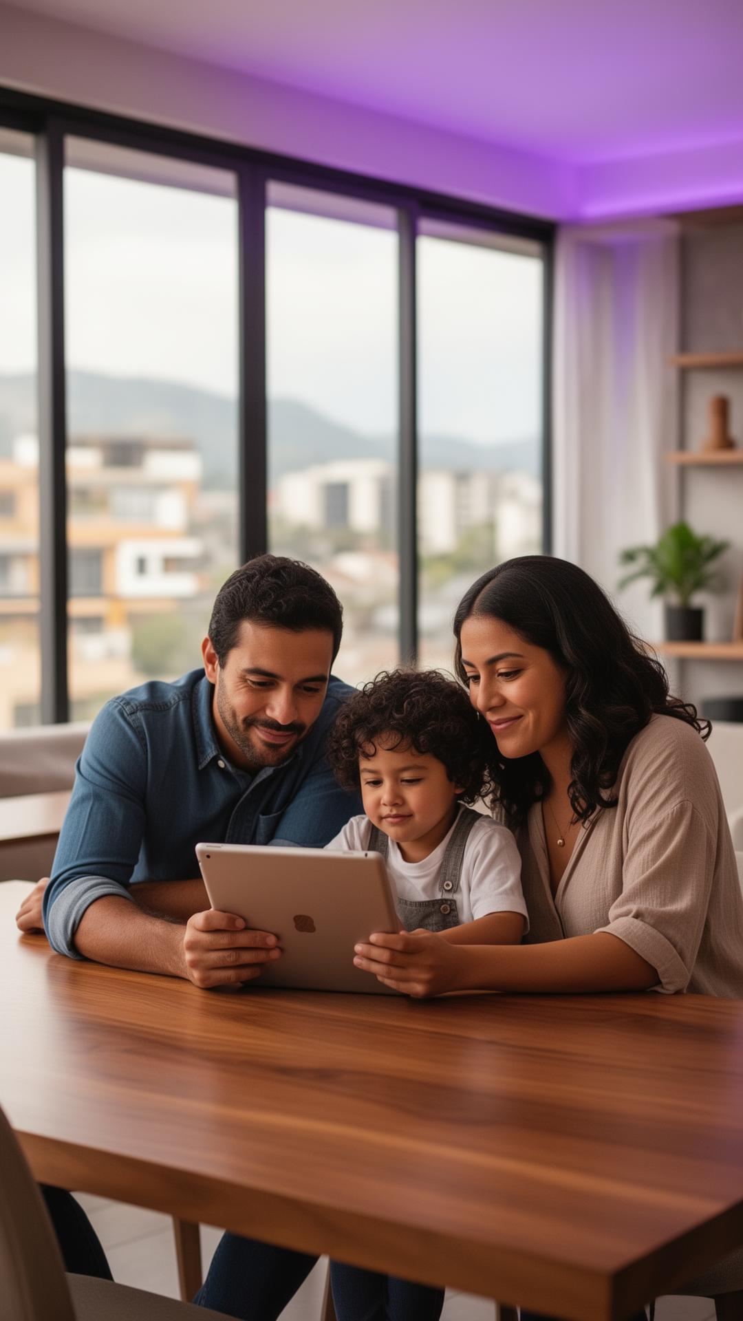 Familia colombiana revisando opciones de financiación en su hogar